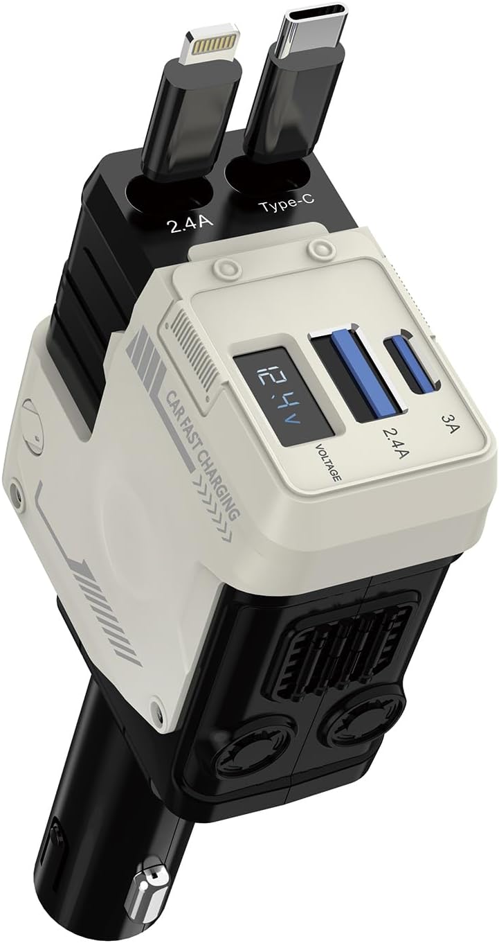 66W Fast Charging Retractable Car Charger - 4-in-1, Dual Cables, iPhone & Android Compatible