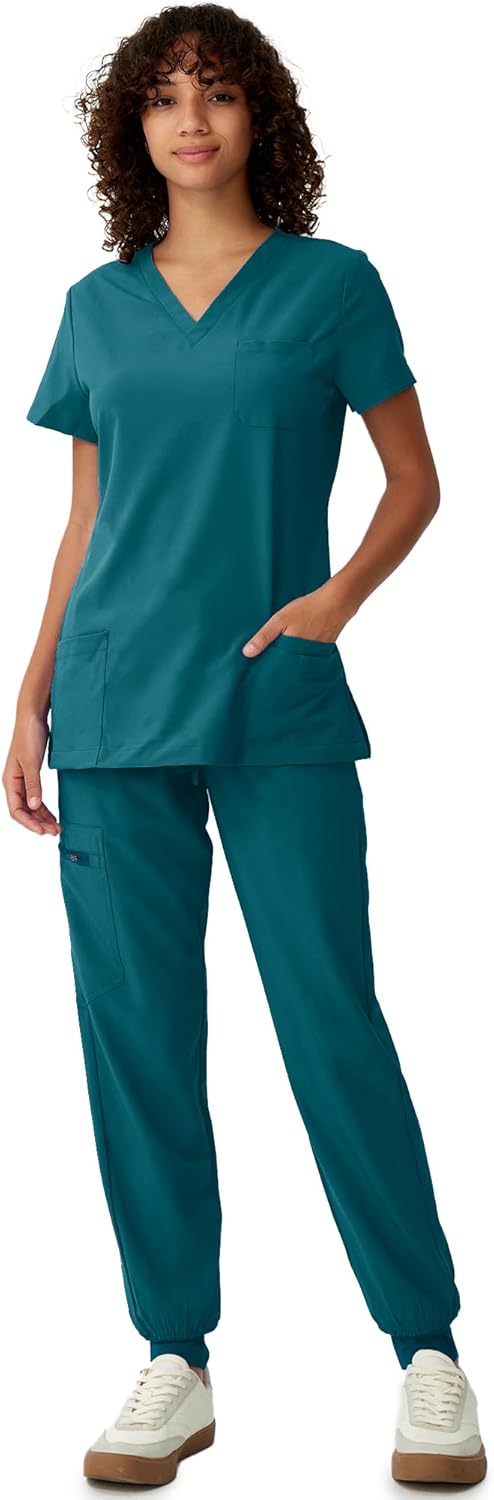 Women's V-Neck Scrubs Top & Cargo Pants Set with 10 Pockets