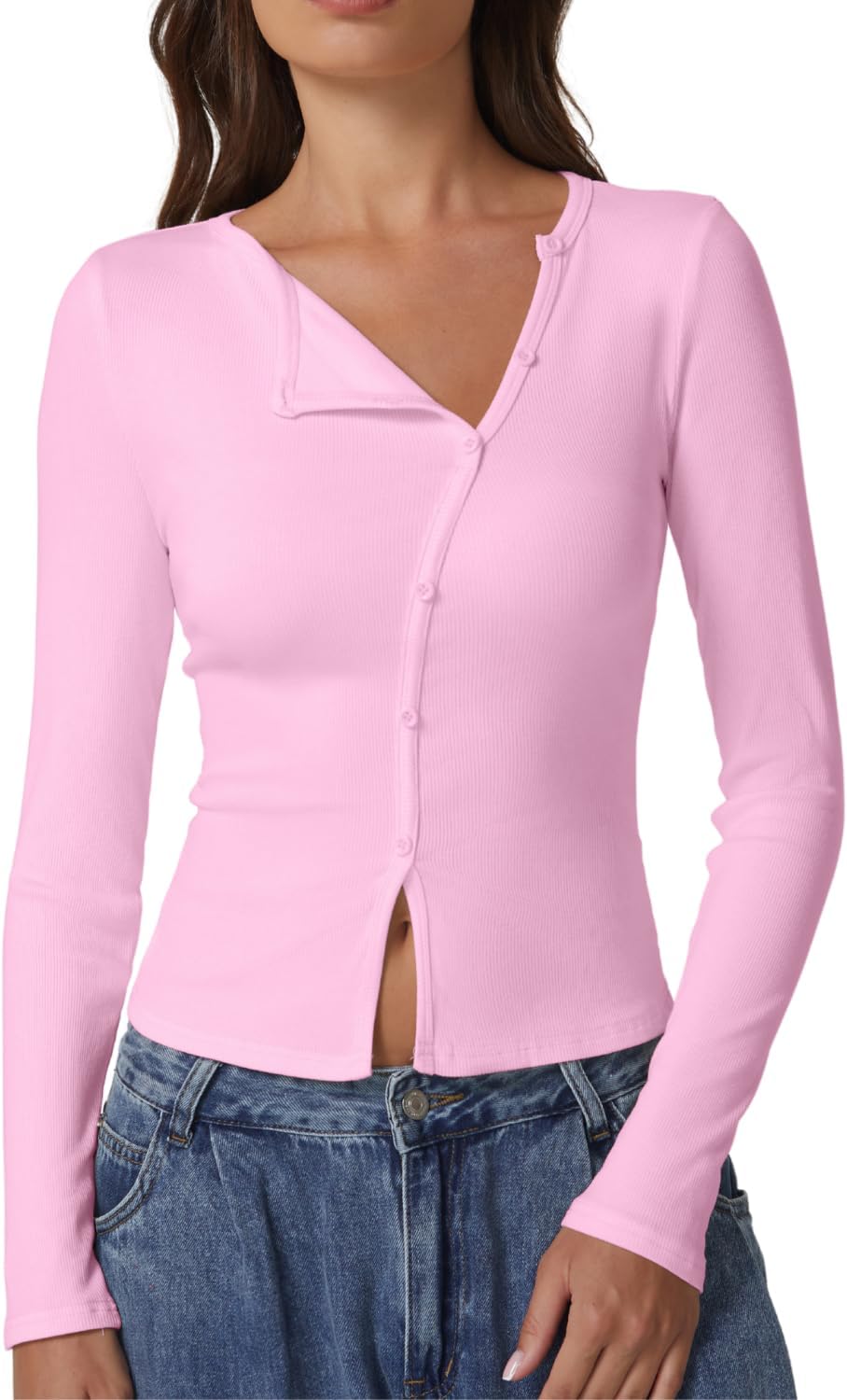 QINSEN Women's Long Sleeve Ribbed Crewneck Button Top for Outings