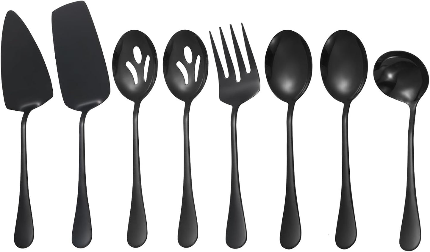 Black Serving Utensils Set - 8 Pcs Stainless Steel Flatware