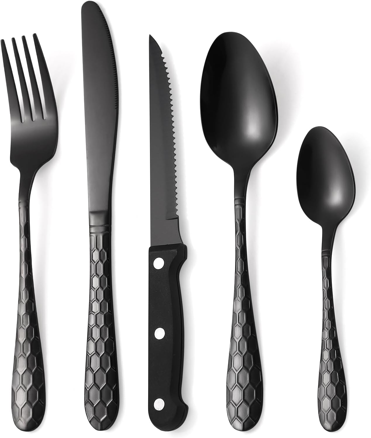 30 Pcs Black Hammered Silverware Set for 6 with Steak Knives