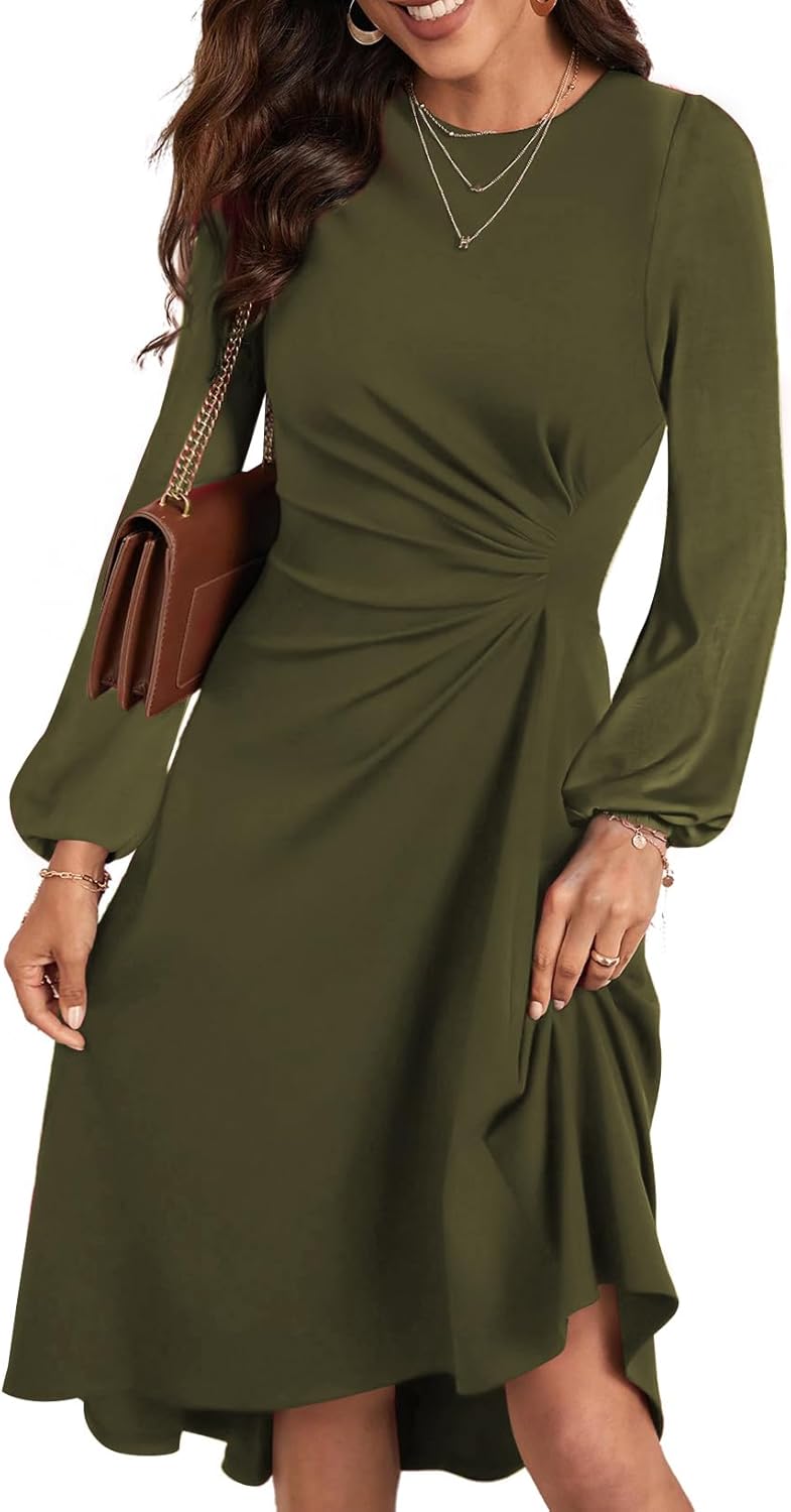 Happy Sailed Women's Long Sleeve Ruched Waist Midi Dress