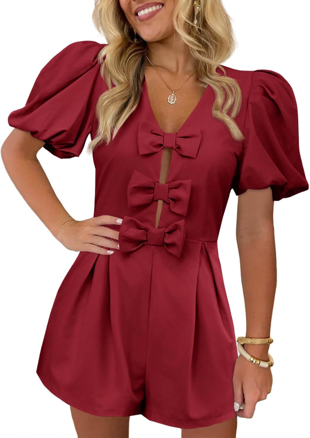Cicy Bell Womens Cute Rompers with Bow Front and Puff Sleeves