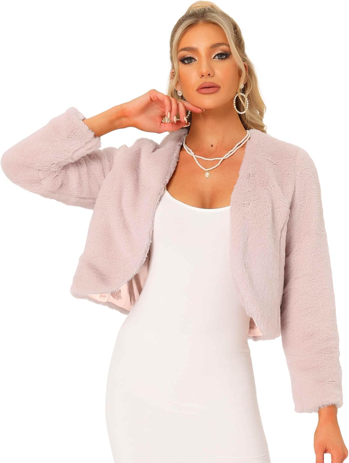 Allegra K Cropped Jacket for Women with Faux Fur and Pockets