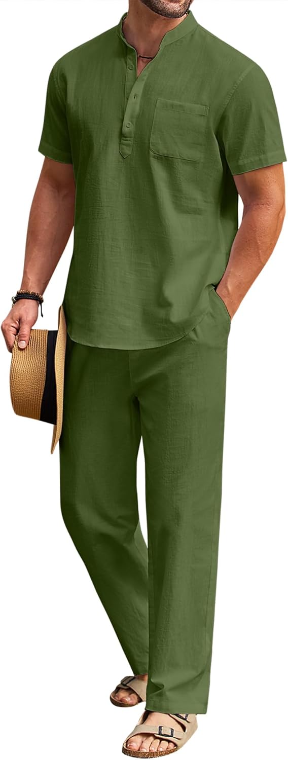 Men's 2 Piece Cotton Linen Set for Summer Beach Outfits