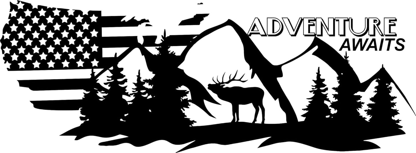 Camper RV Decal with American Flag for Adventure Awaits