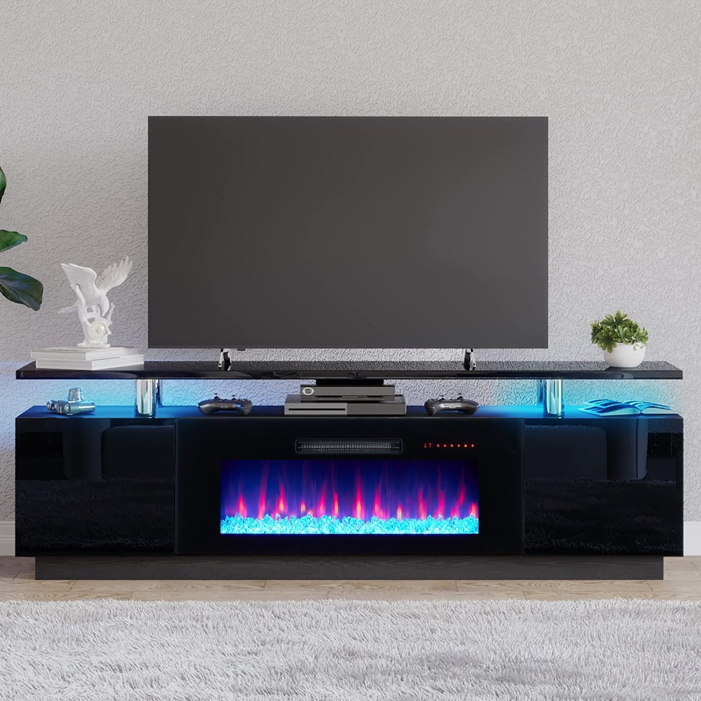 AMERLIFE 70 High Gloss Fireplace TV Stand LED Lights