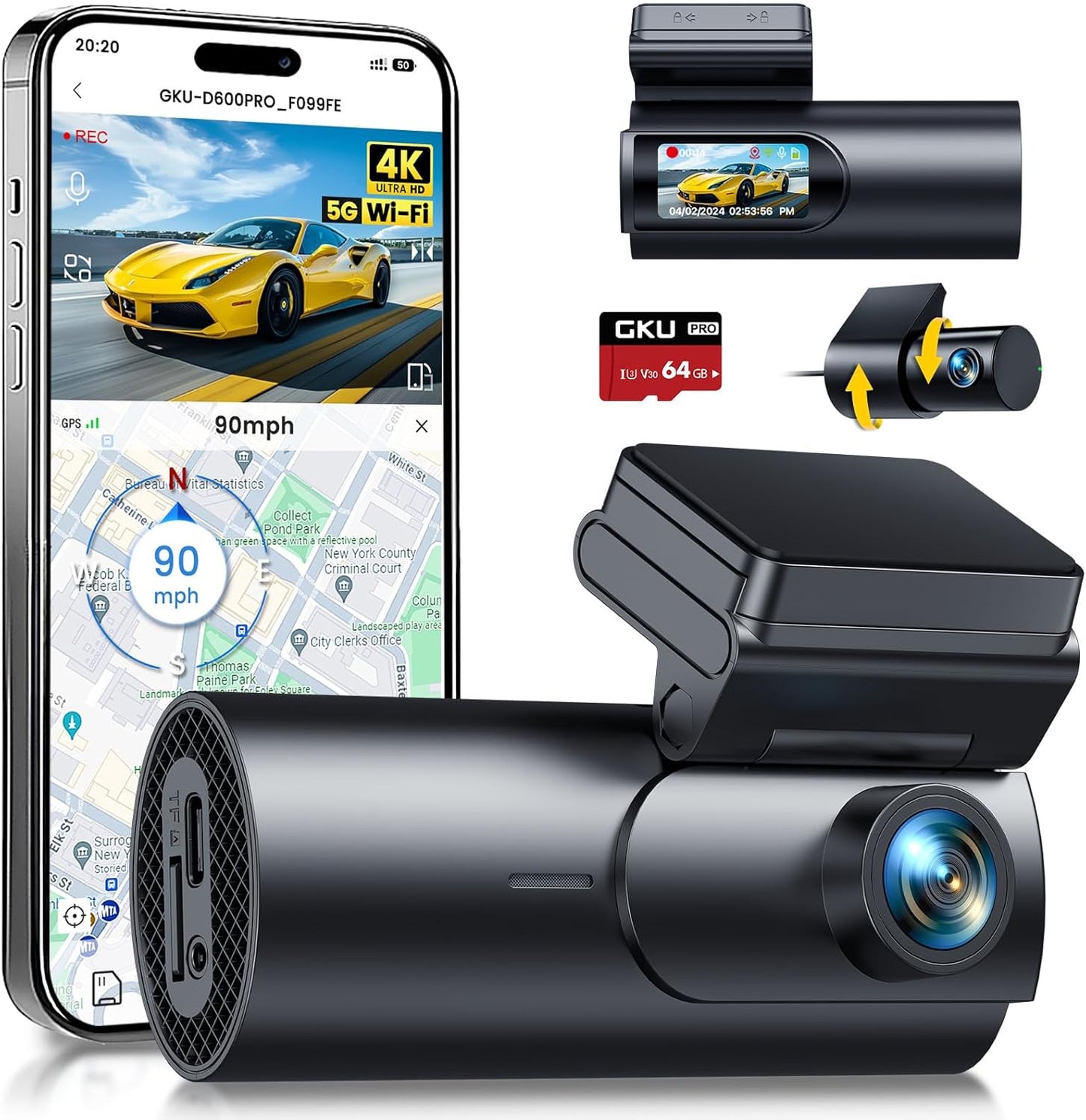 4K+1080P Dual Dash Cam, WiFi, GPS, 64G SD, 1.47 Display, Super Night Vision