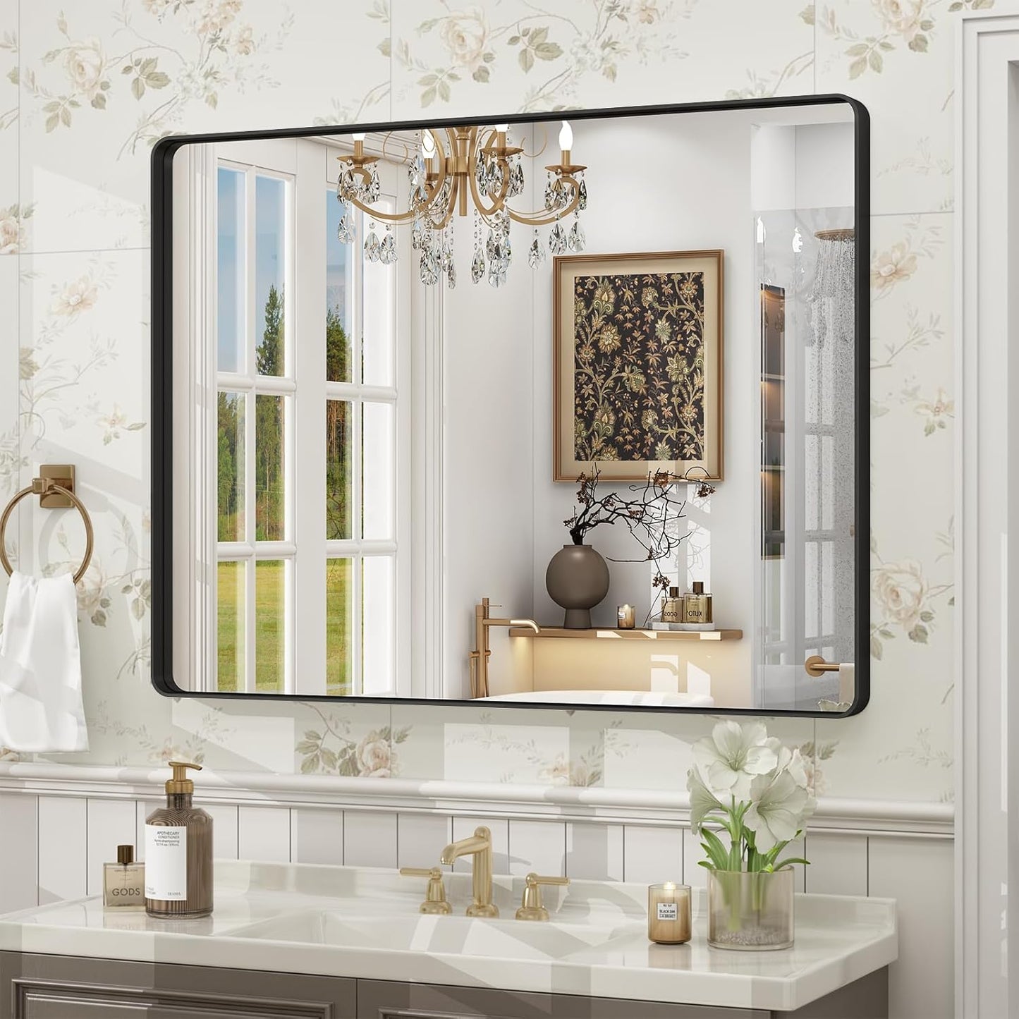 40x30 Inch Black Framed Bathroom Mirror for Elegant Spaces