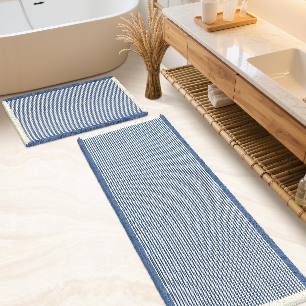 Waffle Bath Mat Set 2 Piece Blue & Cream for Modern Bathrooms