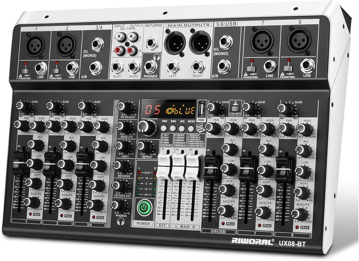 8 Channel Audio Mixer with Bluetooth and DSP Effects for DJs
