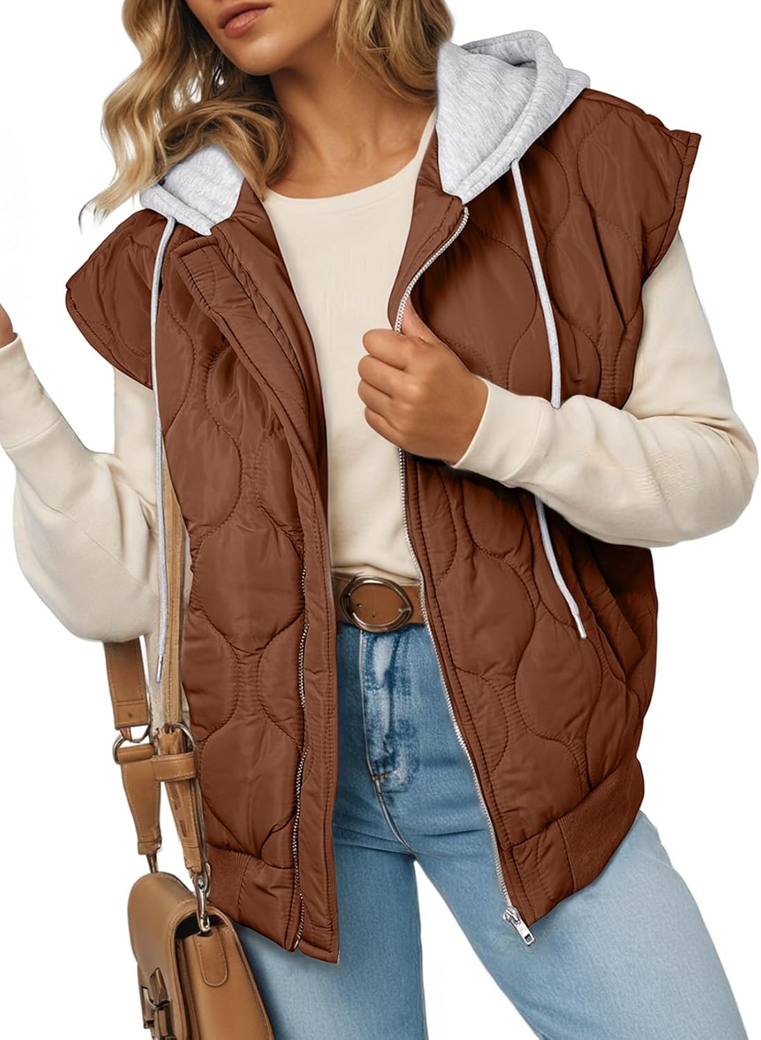EVALESS Puffer Vest Women Cropped Hooded Zip Up Quilted Jacket