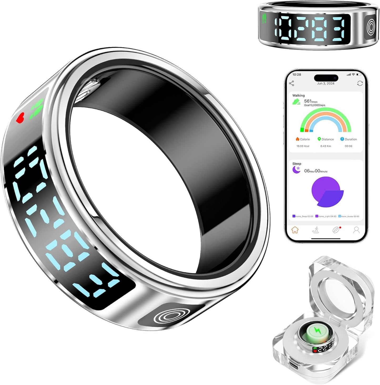 Smart Ring with LED Health Screen - Sleep/Step Tracker, Bluetooth, IP68 Waterproof