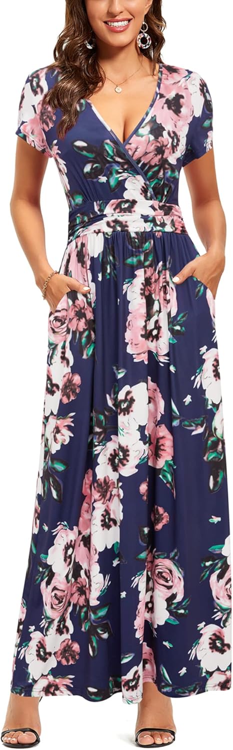OUGES Womens' V-Neck Pattern Pocket Maxi Long Dress Review