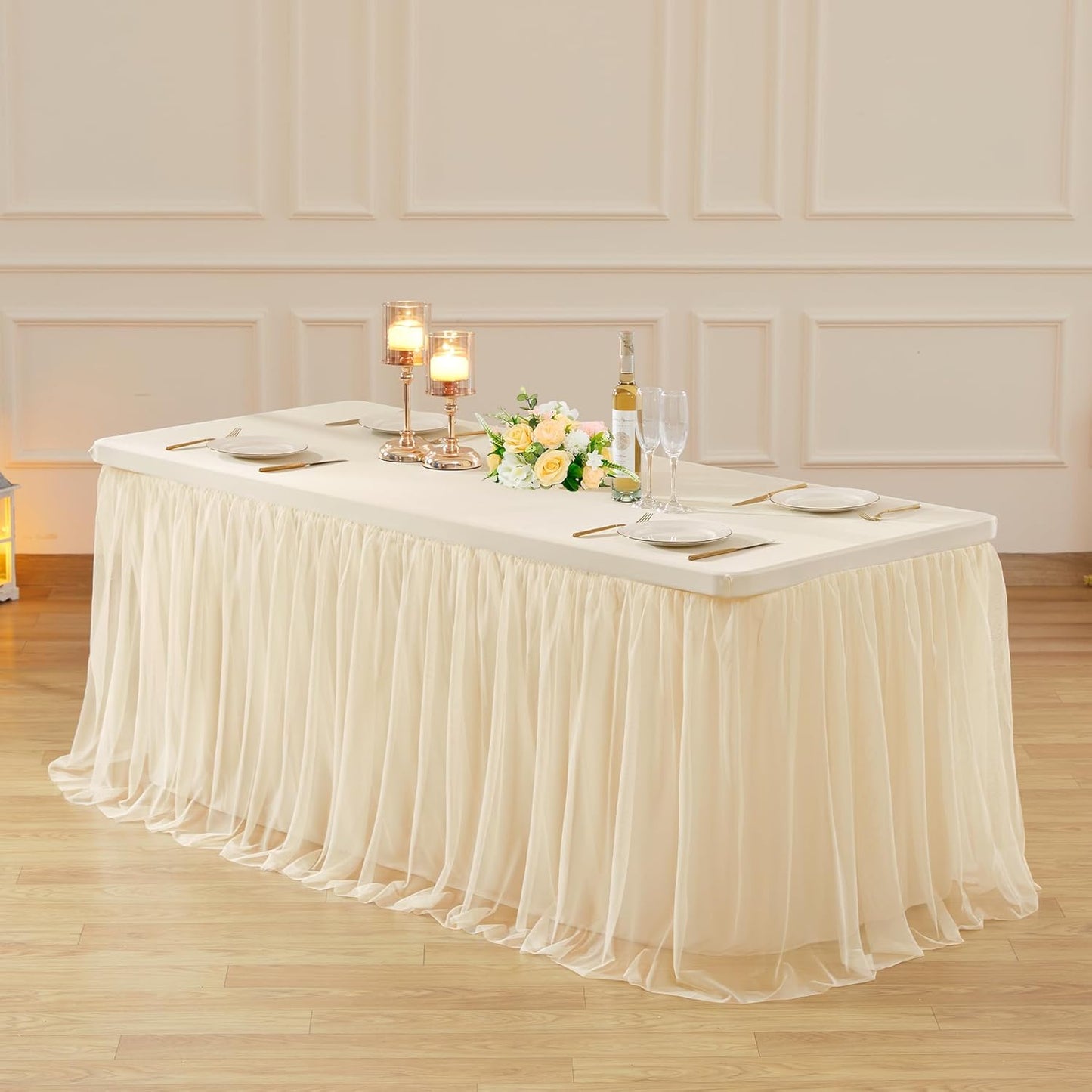 Elegant 8ft Champagne Tulle Tablecloth for Rectangle Tables