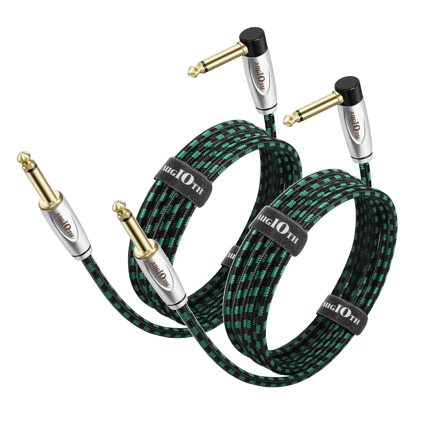 Augioth Guitar Cable Set - 10 ft x 2 Pack, Black/Green Braided