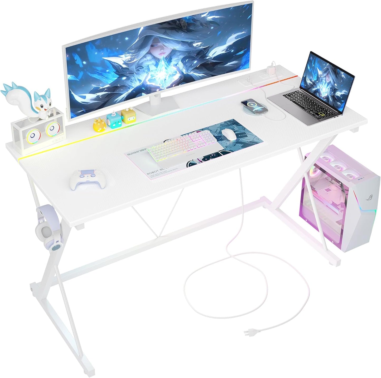 TIQLAB Gaming Desk with Power Outlets & LED for Ergonomic Use