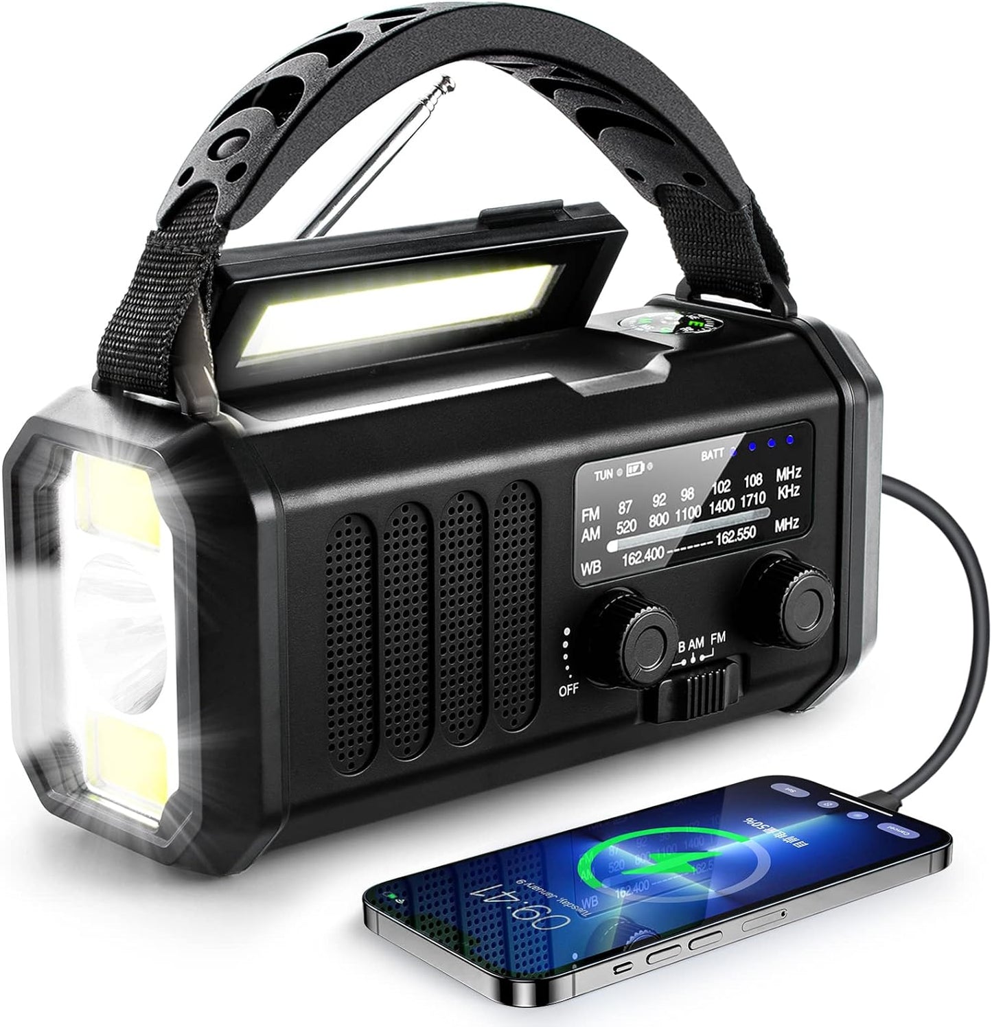 10K mAh Solar Emergency Radio with Solar & Crank Power.