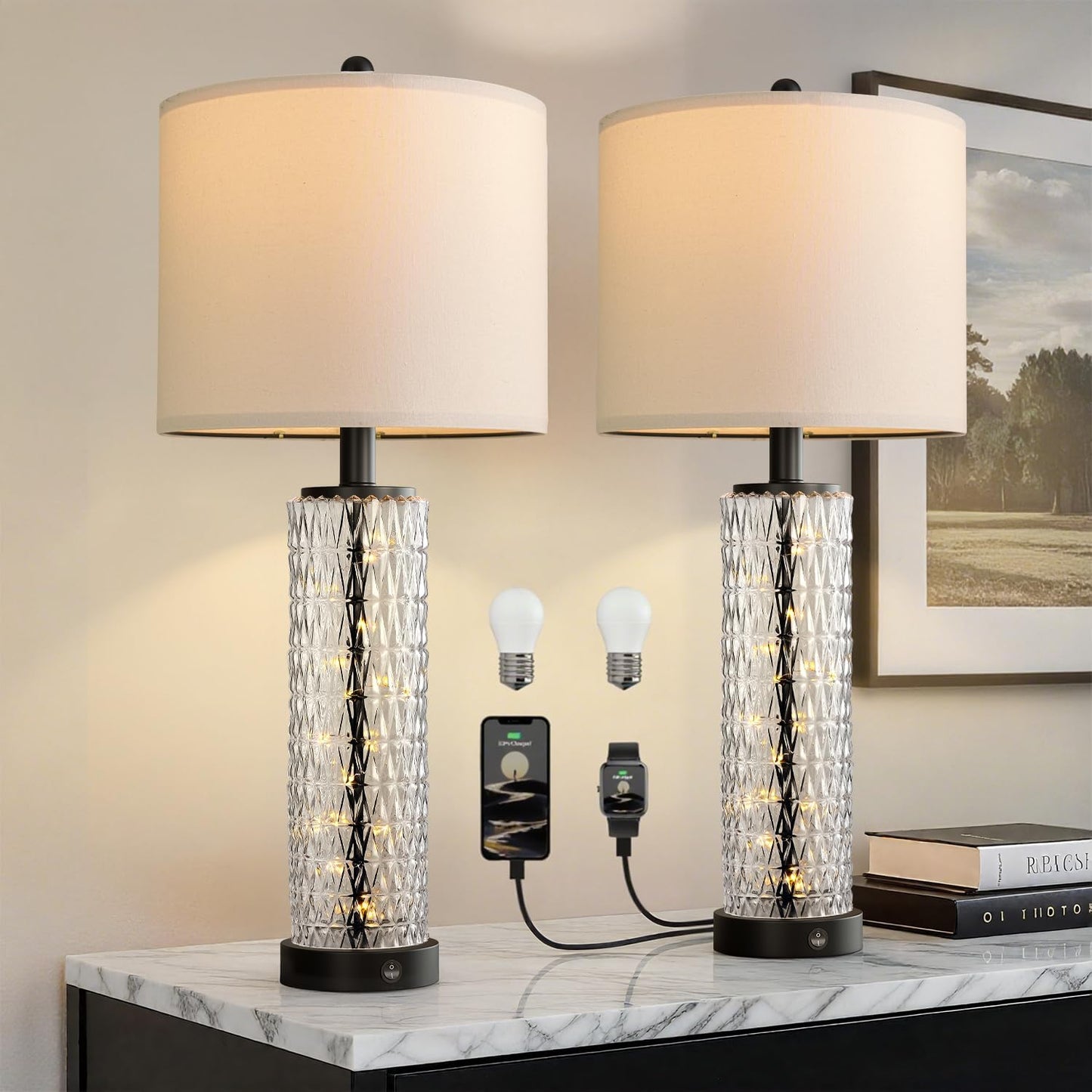 27.75 in Black Modern Table Lamps Set of 2 with USB Ports
