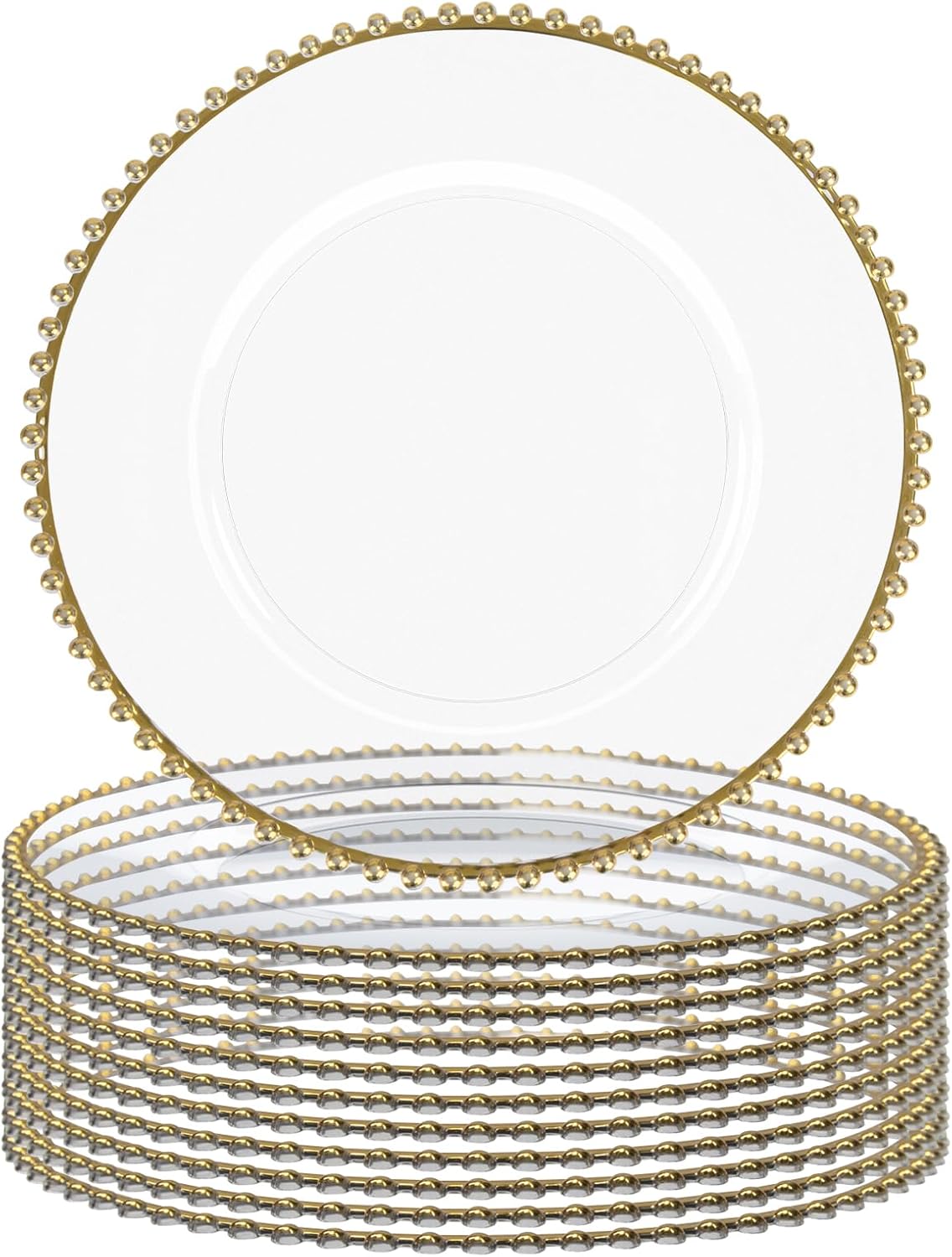 Gold Beaded Clear Charger Plates Set of 12 - Elegant Table Chargers for Stunning Table Settings