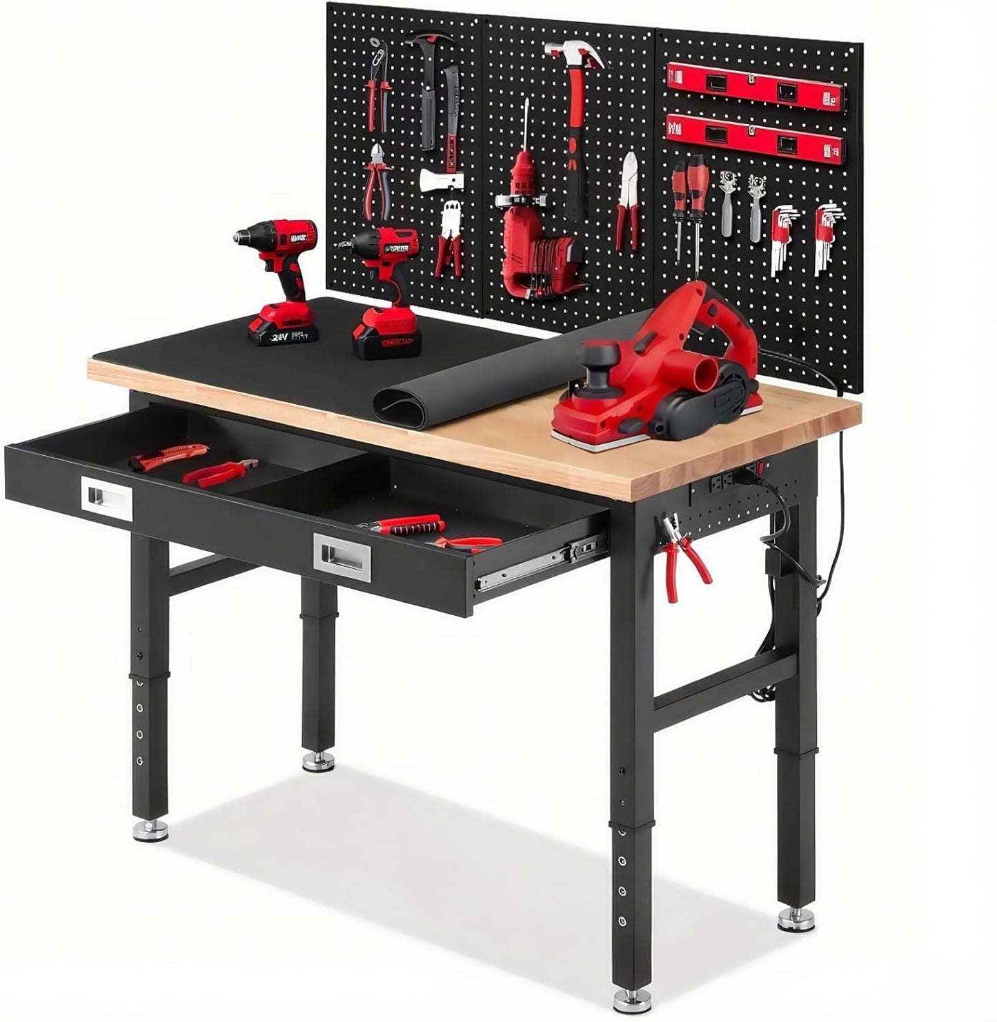 Adjustable Height Work Bench for Garage with Drawers and Pegboard