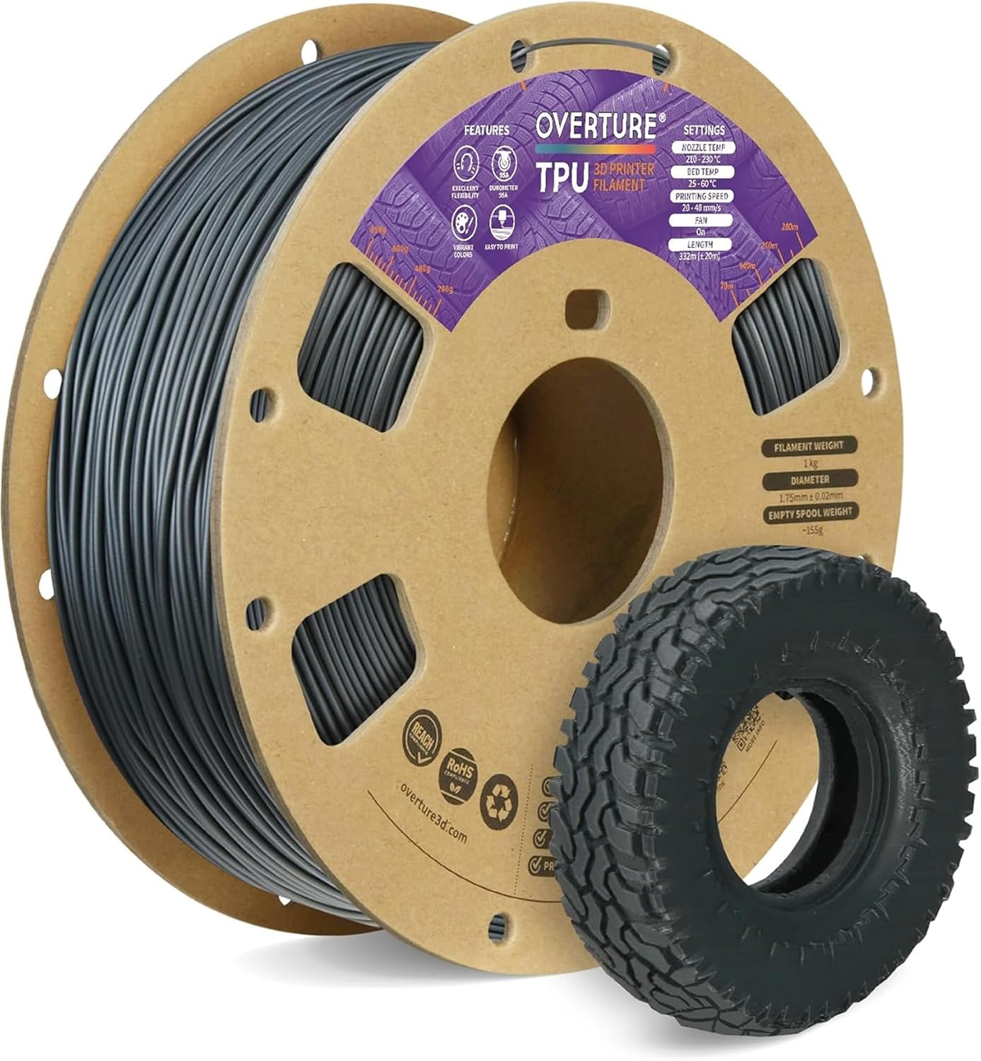 OVERTURE TPU Filament 1.75mm for Flexible 3D Printing Projects