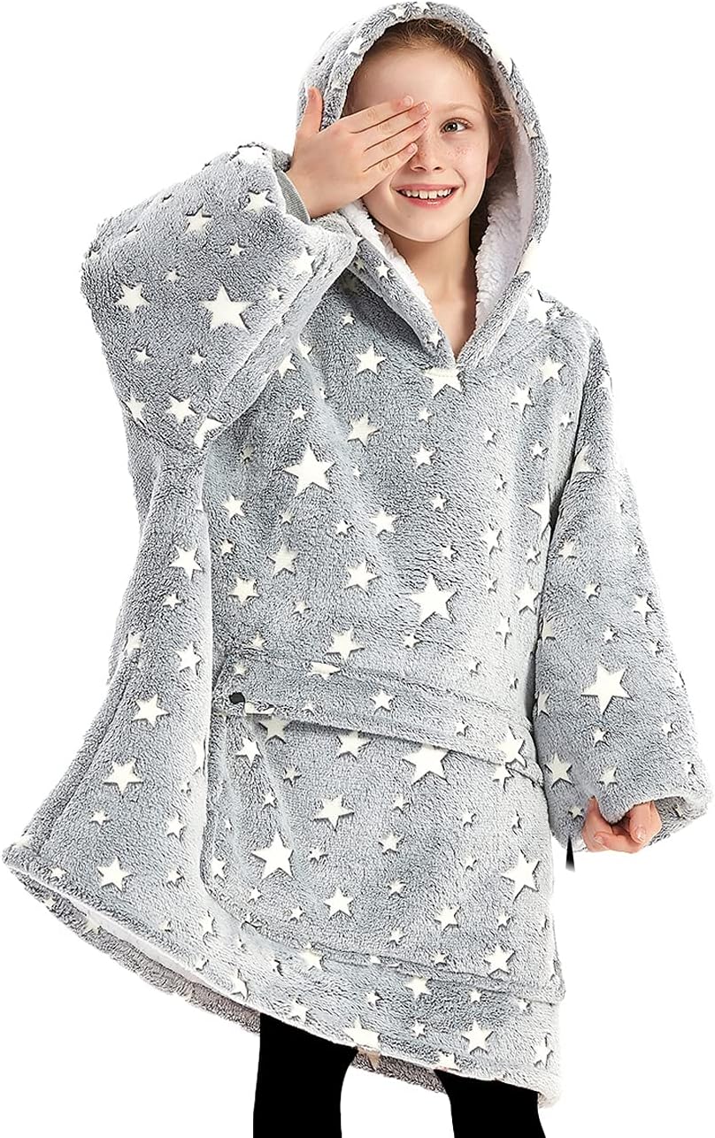 KFUBUO Wearable Blanket Hoodie for Kids with Glow in Dark Stars