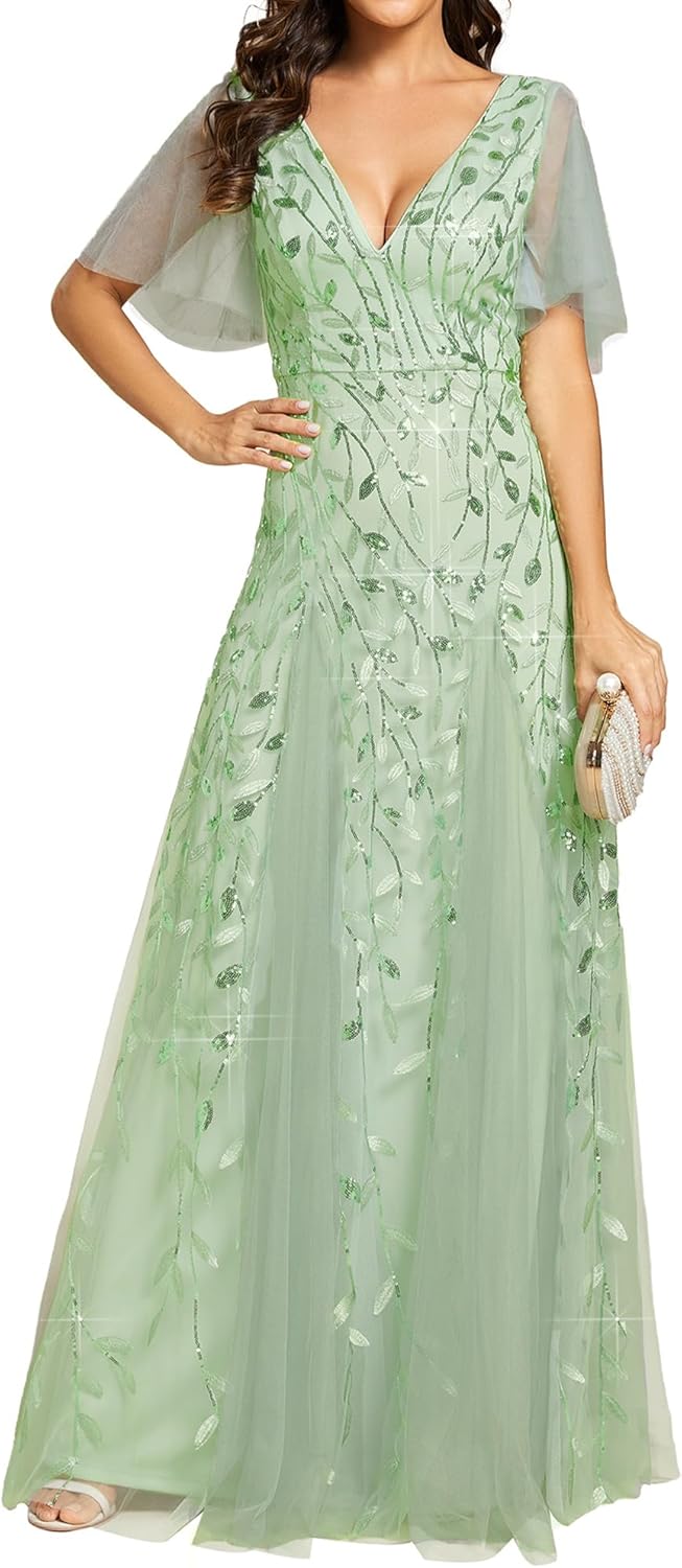 Ever-Pretty Sequin Sparkly V-Neck A-Line Evening Dress