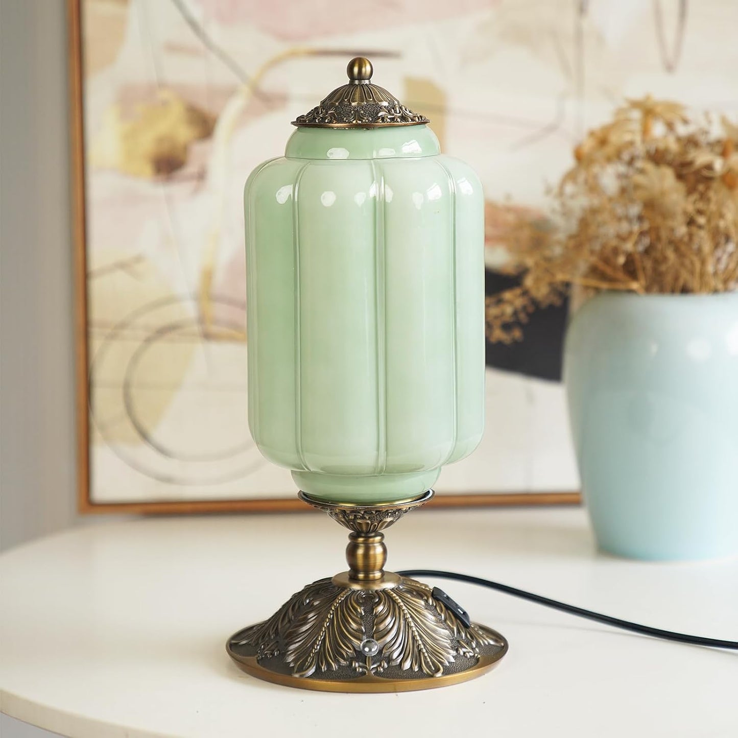 Elegant Green Jadeite Glass Touch Table Lamp with USB Ports