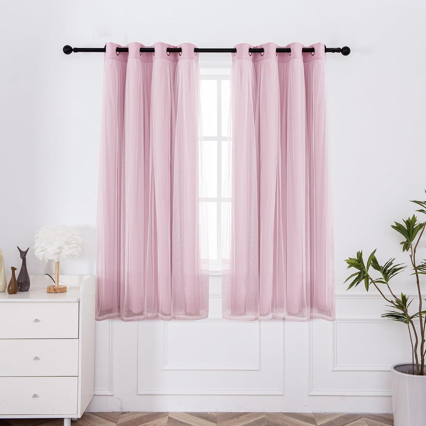 Pale Pink Blackout Curtains with Sheer Overlay for Home Decor