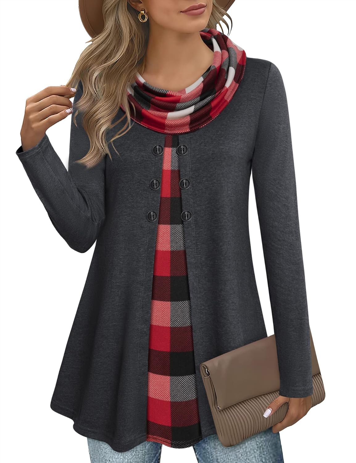 Bebonnie Womens Long Sleeve Cowl Neck Splicing Tunic Tops