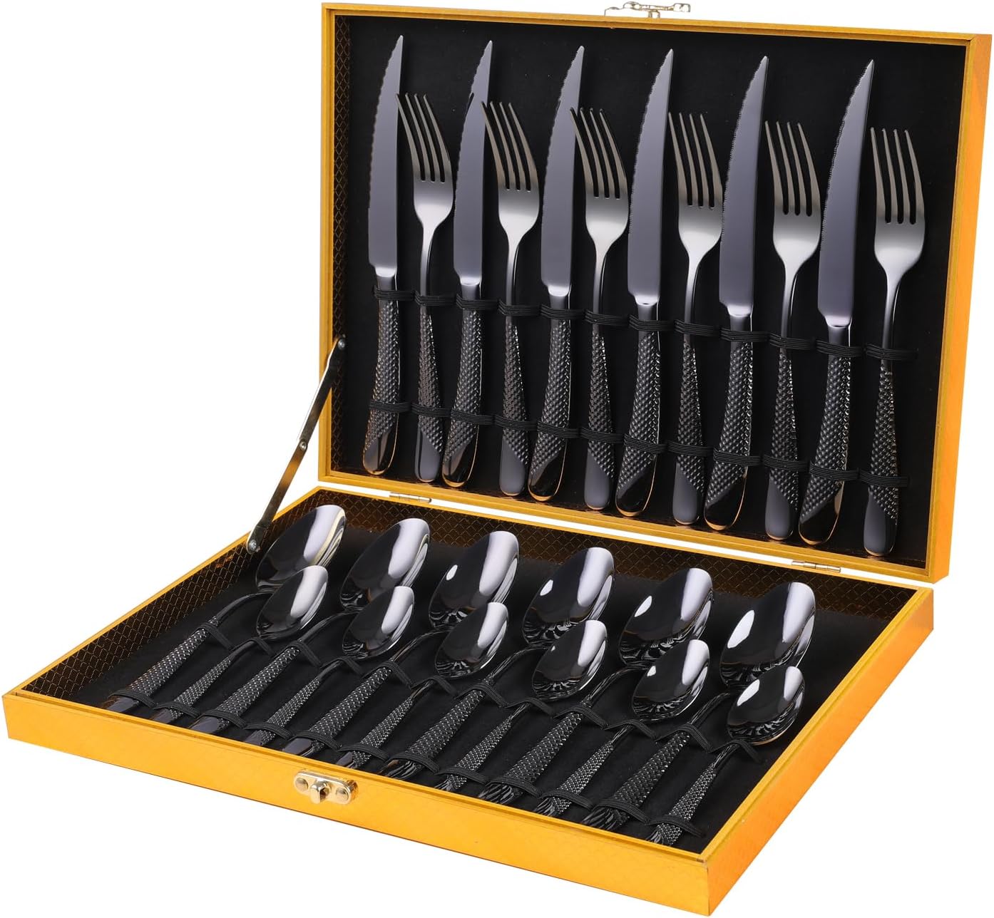 Hammered Black Silverware Set - 24-Piece Flatware for 6