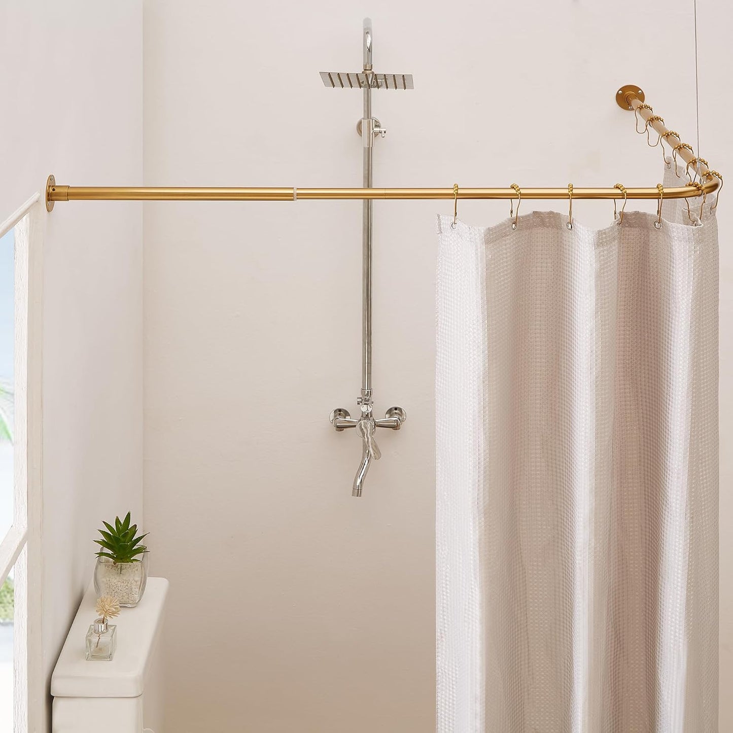 Gold Corner Shower Curtain Rod Adjustable L Shaped No-Sagging