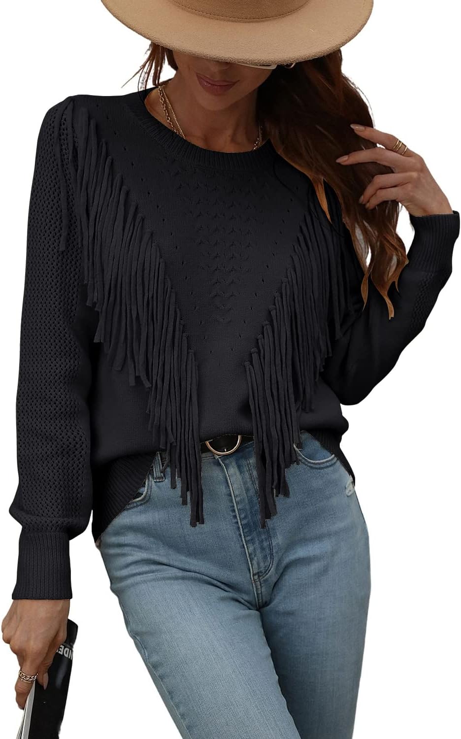 Chouyatou Women's Casual Crewneck Fringe Tassel Sweater Jumper