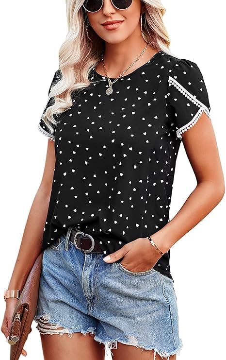 Beaully Womens Summer Tops Casual Floral Print Lace Blouses