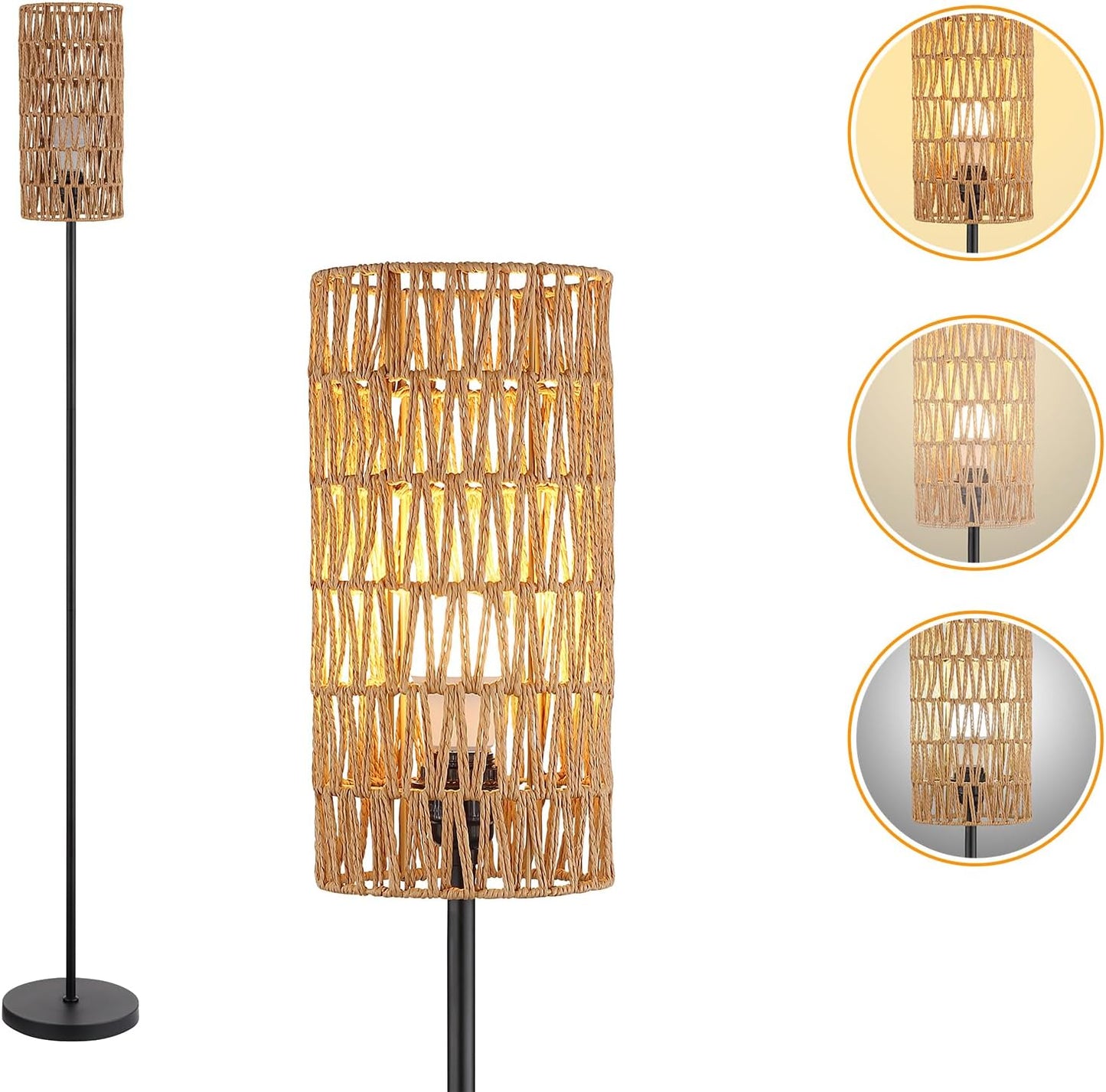 Farmhouse Rattan Floor Lamp for Living Room with Foot Switch