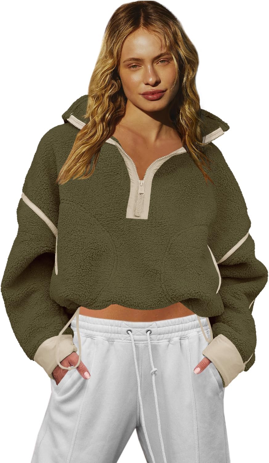 LAMISSCHE Half Zip Sweatshirt Women Oversized Sherpa Jacket