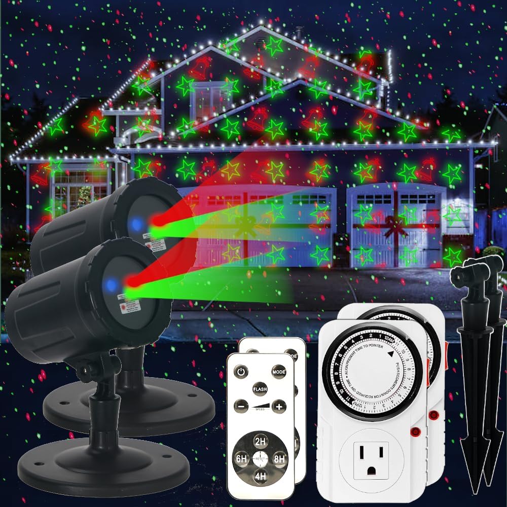 Christmas Laser Lights - 18 Patterns - Remote & Timer - Festive Red & Green
