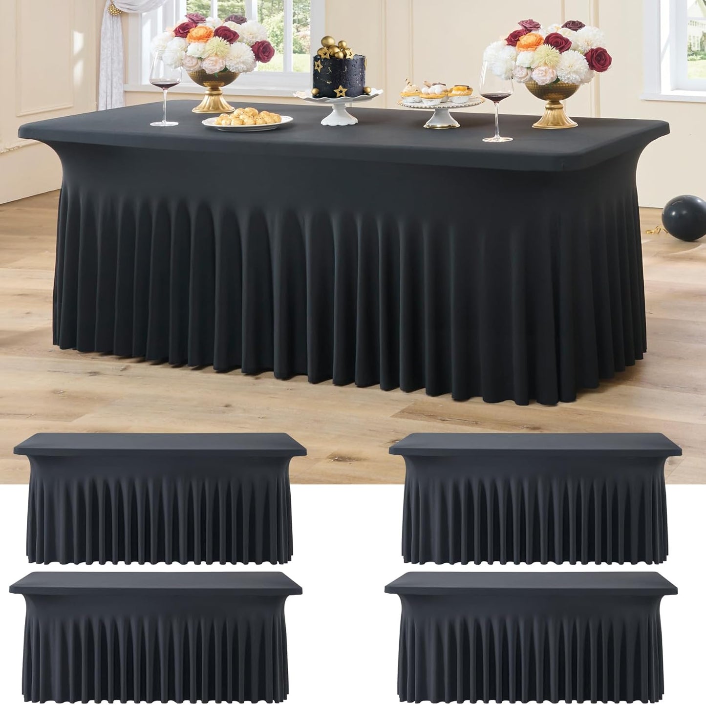 4 Pack Black Spandex Tablecloths for 6 Foot Rectangle Tables