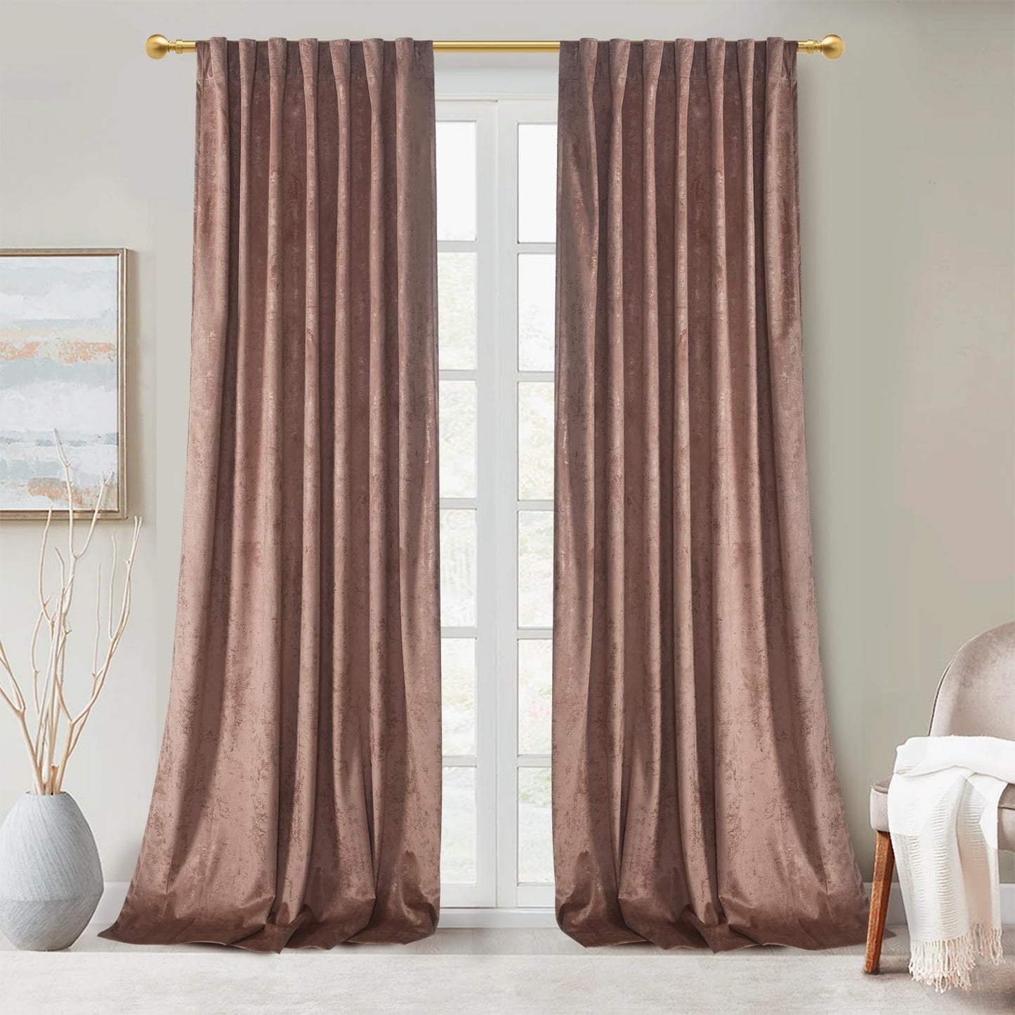 Roslynwood Gold Foil Print 96 Velvet Curtains - Luxe Blackout Drapes