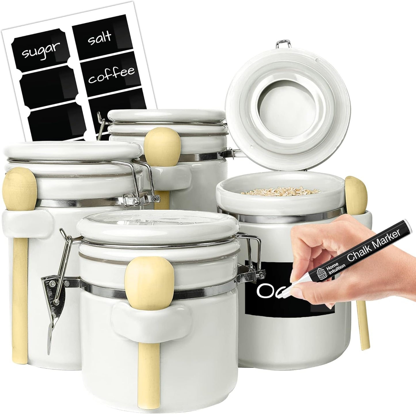 Airtight Ceramic Kitchen Canisters Set with Wooden Spoons
