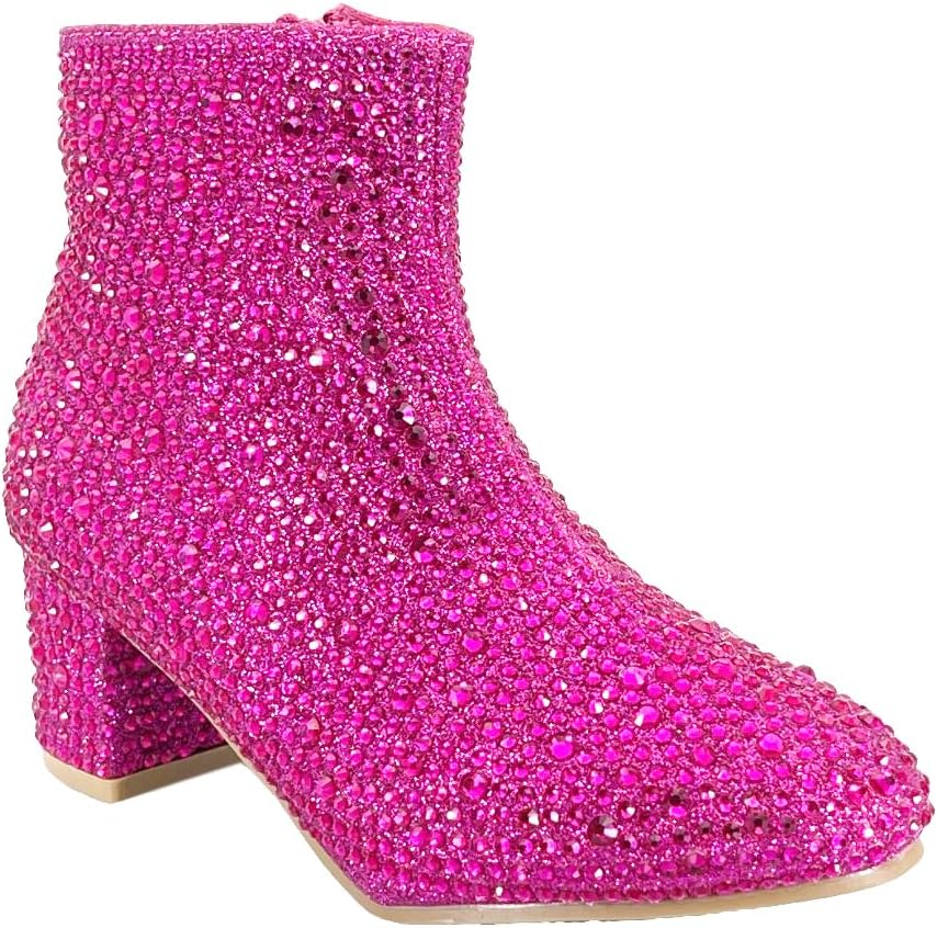 ABSOLEX Girle's Rhinestone Round Toe Block Chunky Ankle Booties
