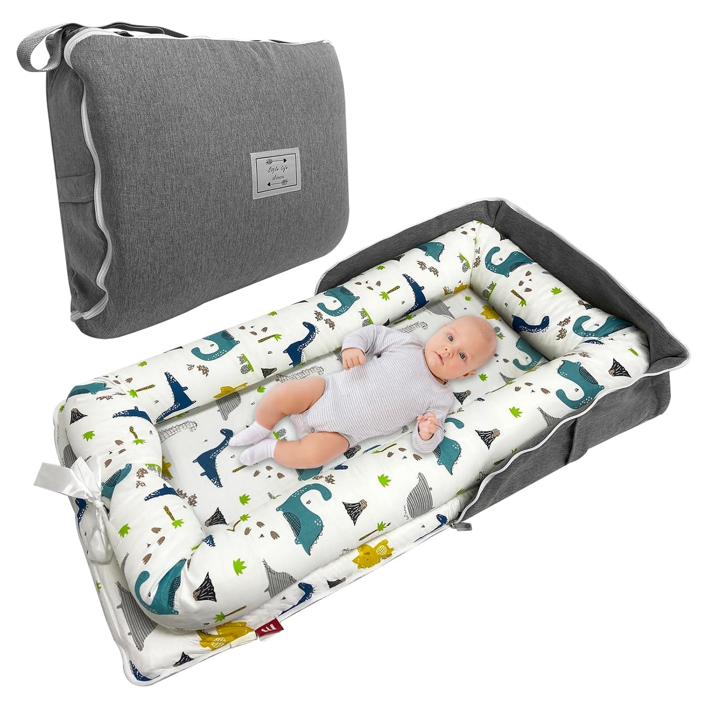 Baby Lounger Portable Infant Nest for Newborns - Blue Dinosaur