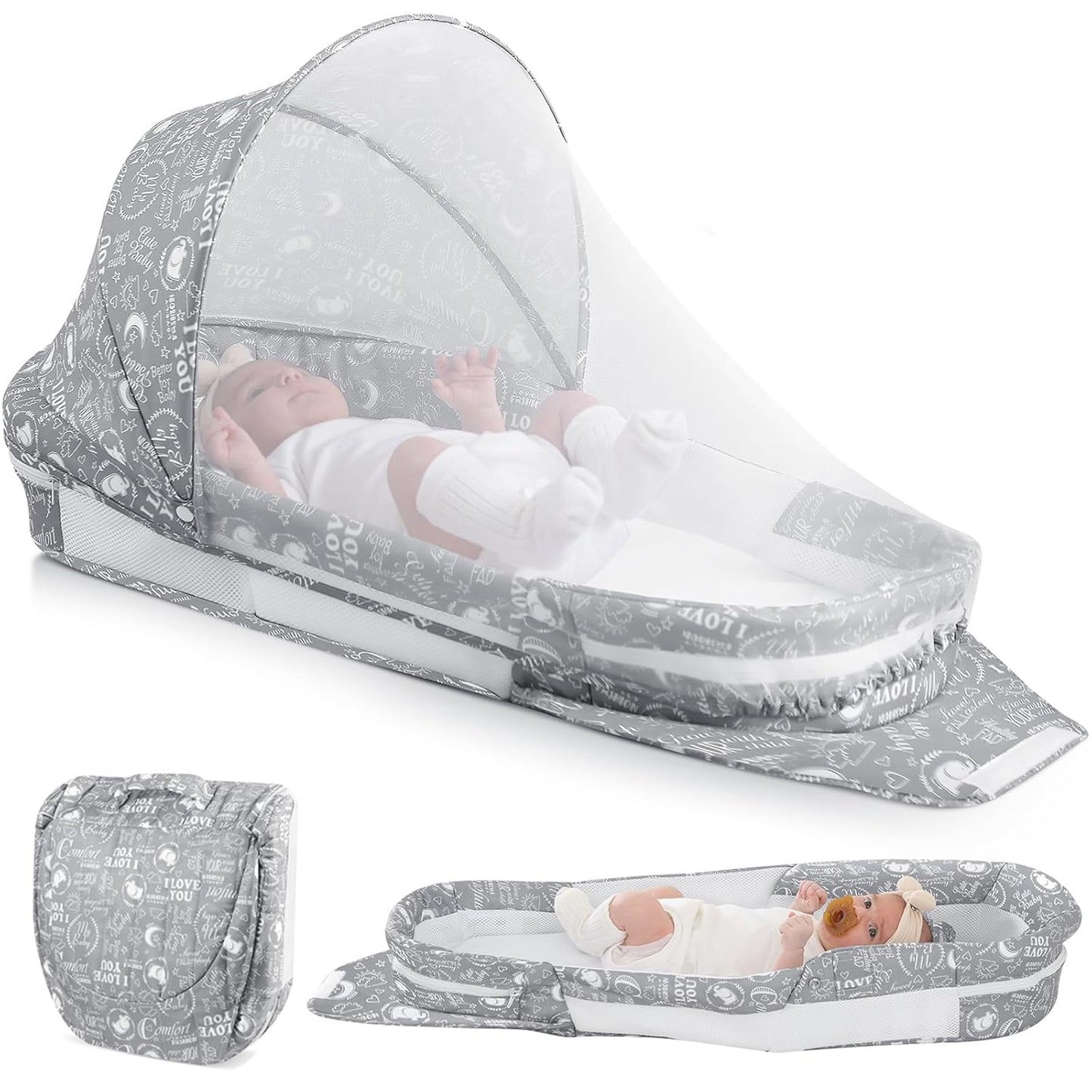 Portable Baby Lounger with Mosquito Net & Waterproof Pad