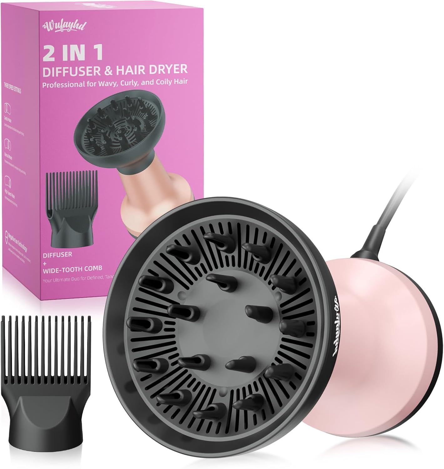 2-in-1 Diffuser Hair Dryer for Curly Hair with Comb Attachment