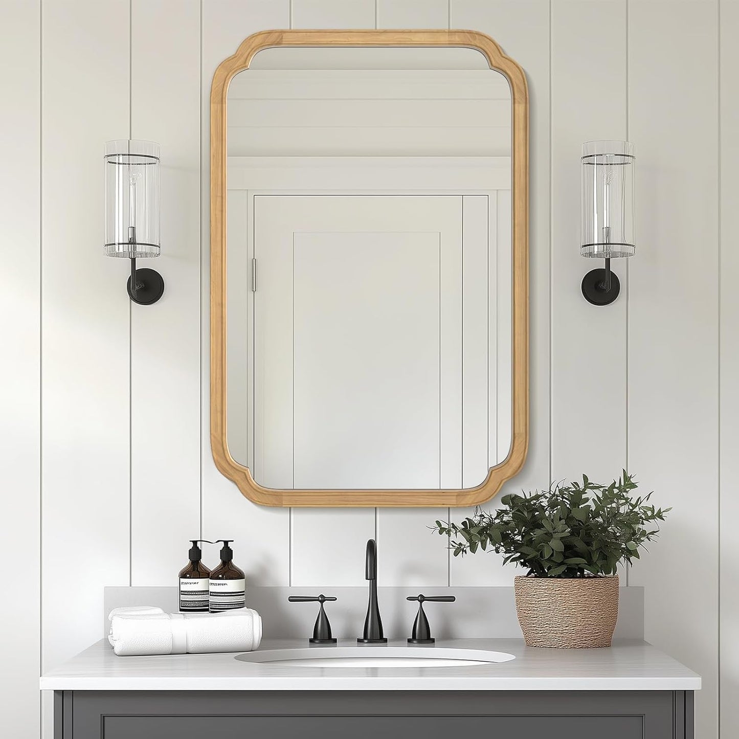 Rounded Corner Arch Wall Mirror with Wood Frame for Home Decor