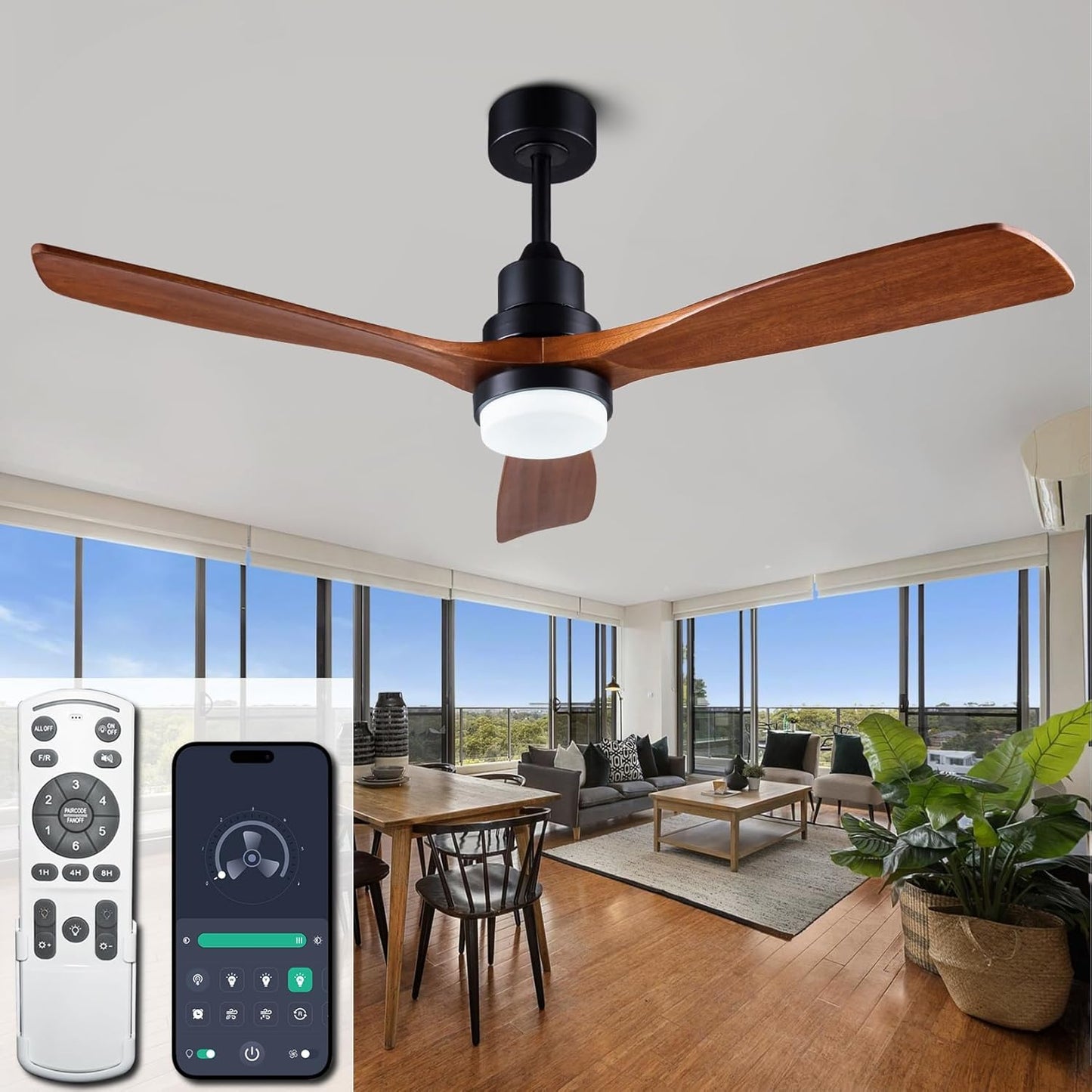 52 Solid Wood Ceiling Fan with Light and Remote Control Features