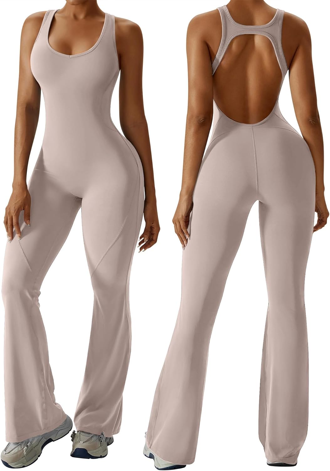 OEAK Womens Flare Jumpsuit with Bra Tummy Control Cutout Romper