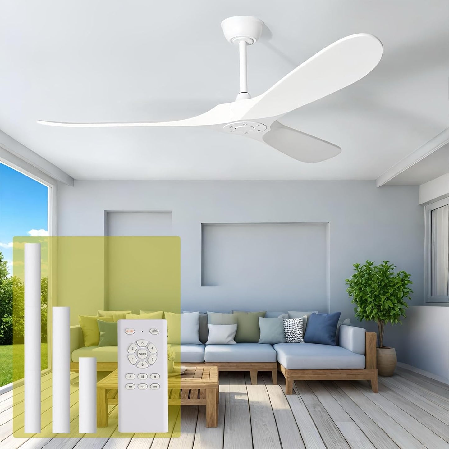 72 Inch White Ceiling Fan with Natural Wood Blades for All Seasons