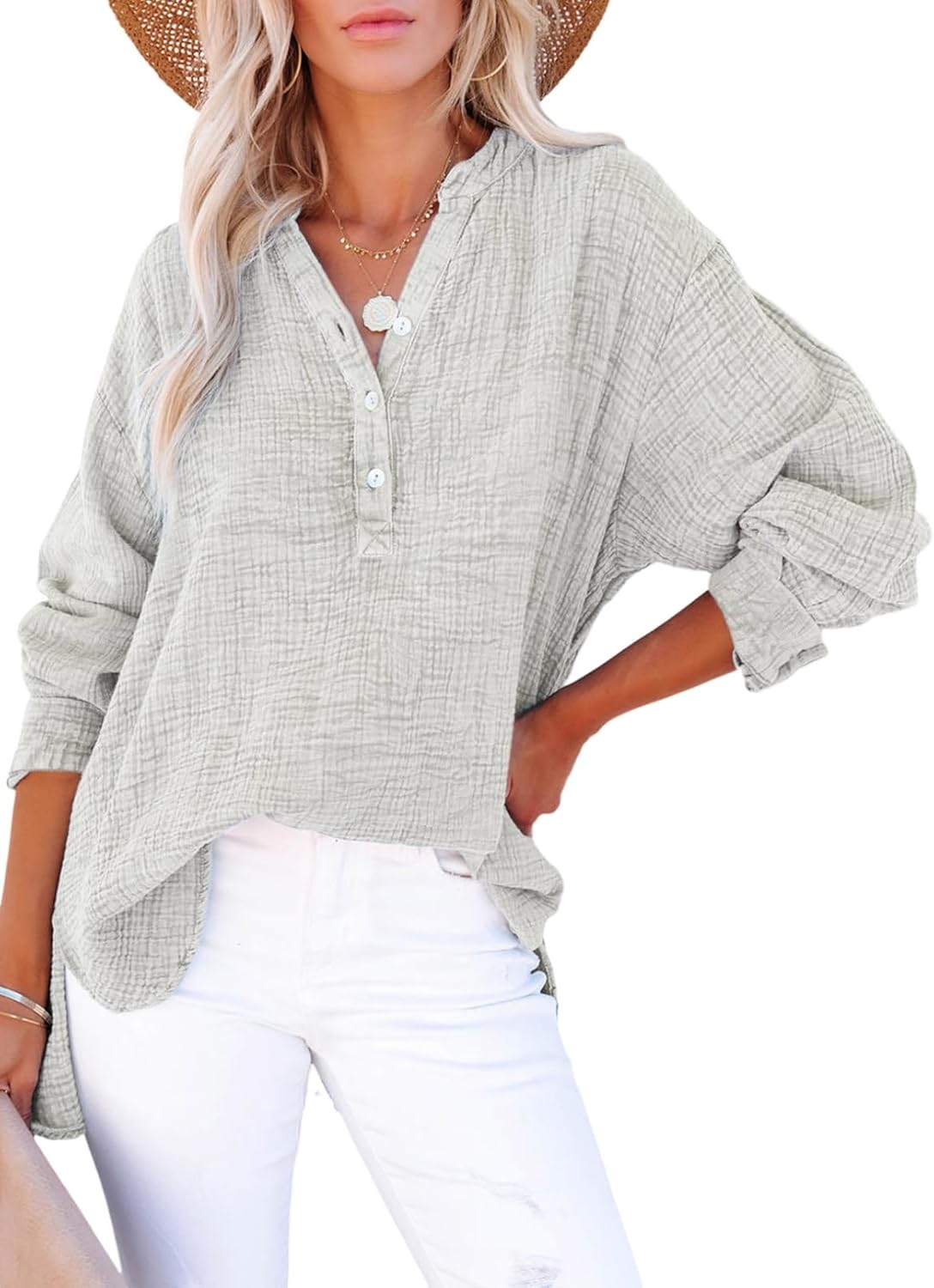 Dokotoo Womens Casual Button V Neck Long Sleeve Shirts Blouses